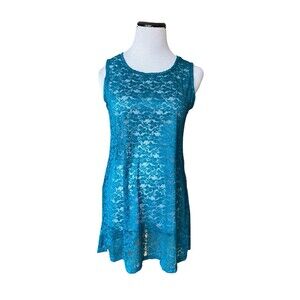 LOGO by Lori Goldstein Floral Stretch Lace Sheer Tunic Top Size M Teal Romantic